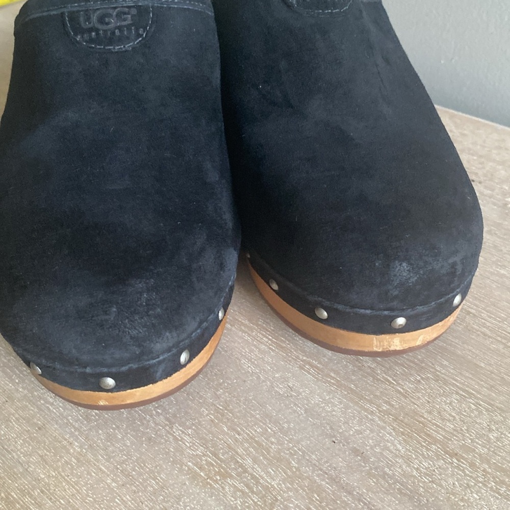 UGG Black Suede Mules with Tan Wooden Heel - Picture 5 of 13